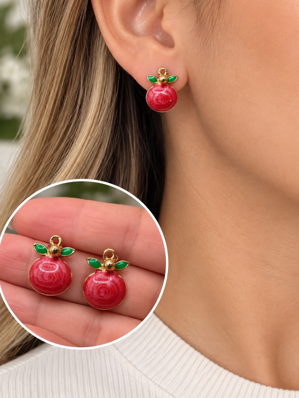 Fine jewelry 316L Red and Green Enamel Apple Earrings